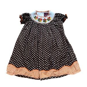 Lil Cactus Turkey Smocked Dress Toddler Brown Polka Dot Gingham SIZE 2T